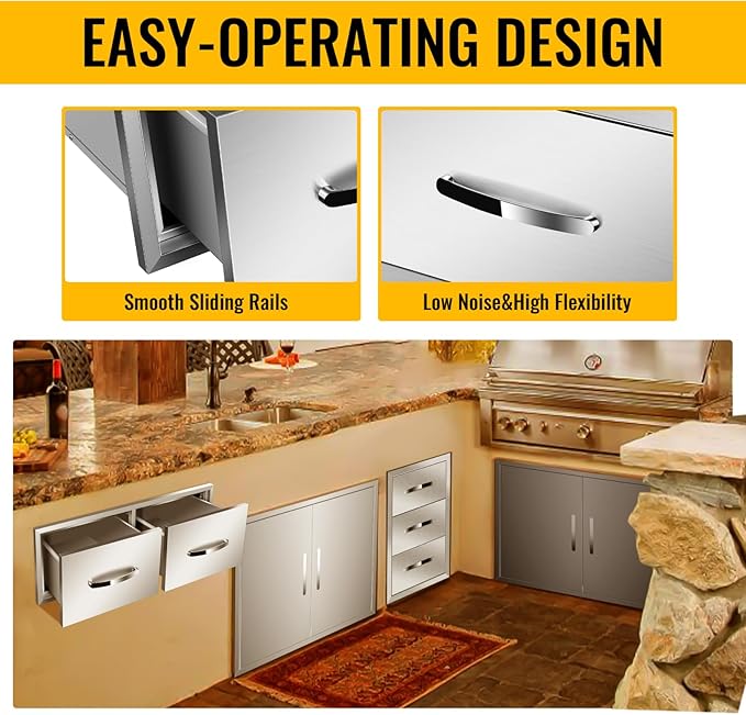 Outdoor Kitchen Stainless Steel Triple Access BBQ Drawers With Handle For BBQ Island Patio Grill Station,Double Drawers