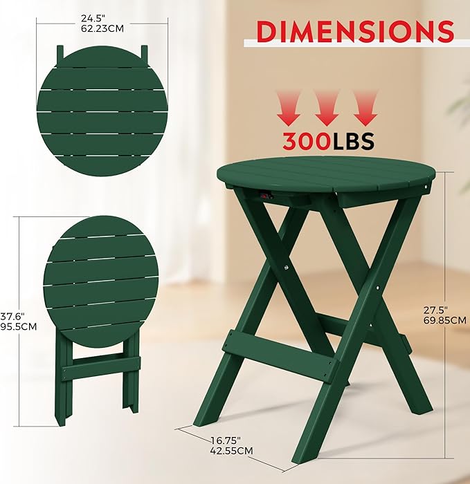 Costaelm Paradise HDPE Outdoor 24.5 Inch Round Portable Folding Patio Dining Table, Dark Green