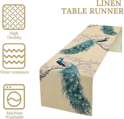 Peacock Table Runner,Retro Rustic Traditional Chinese Style Blossom Branch Table Runner Decor for Home Kitchen Dining Patio Holiday Party Indoor Table Decorations, 13"x90"