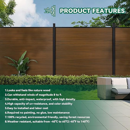 Mondaria Fence Privacy Screen with 8ft In-ground Posts, 6ft(H) x30ft(W) Wood Plastic Composite Fence Panels Weather-Resistant Outdoor Fence for Backyard/Garden (Brown, 6 Posts)