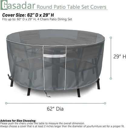 Gasadar Round Outdoor Furniture Cover Waterproof, Round Patio Furniture Covers for Patio Table and Chairs Set, Heavy Duty 600D, 62" Dia x 28" H, Grey