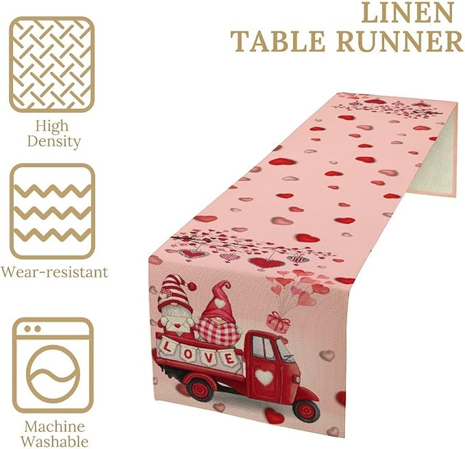 Valentines Day Table Runner,Pink Red Heart Gnomes Truck Balloon Valentines Runner for Table Seasonal Cute Decor for Indoor Outdoor Dining Table Decorations, 13"x36"