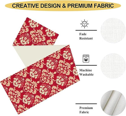 Damask Table Runner, Rustic Gothic Red Baroque Style Floral Boho Flower Antique Vintage Retro Coffee Table Center Decor for Kitchen and Dining Outdoor Home Country Party Table Decorations, 13"x108"