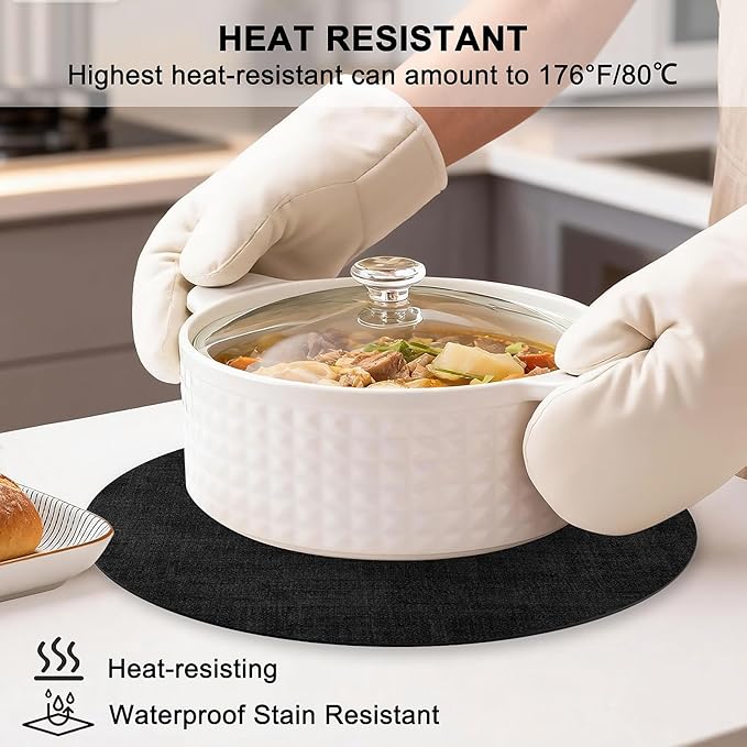 Round Faux Leather Placemats and Coasters, Set of 8, Reversible Heat Resistant Non-Slip Table Mats, Waterproof Wipeable Place Mats for Dining Table, Washable for Indoor & Outdoor (8, Black)
