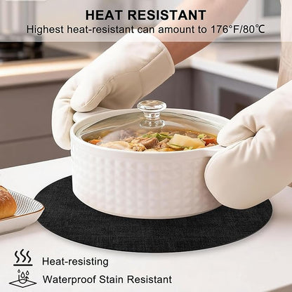Round Faux Leather Placemats and Coasters, Set of 8, Reversible Heat Resistant Non-Slip Table Mats, Waterproof Wipeable Place Mats for Dining Table, Washable for Indoor & Outdoor (8, Black)
