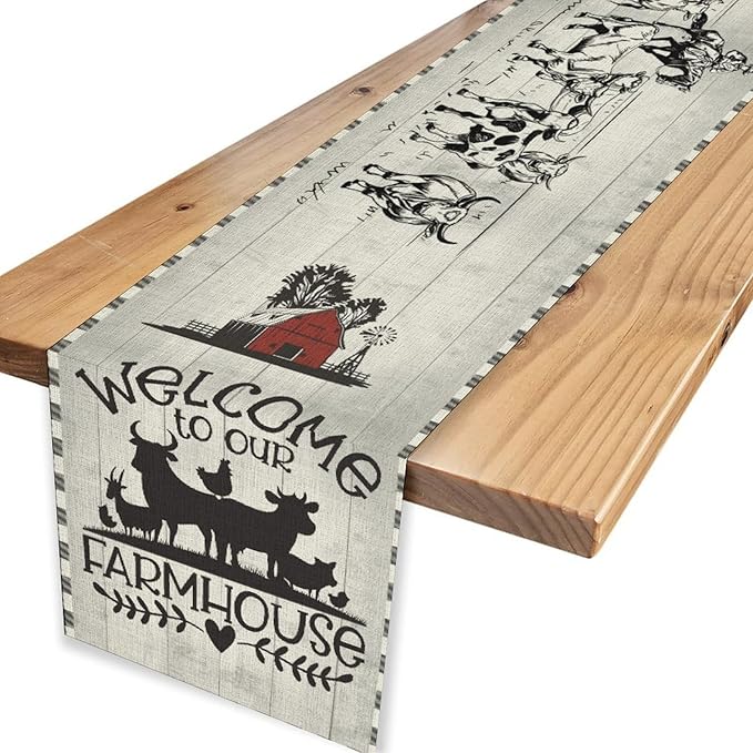 Farmhouse Cow Table Runner, Rustic Rooster Sheep Black White Plaid Animals Farm Coffee Table Center Decor for Home Kitchen Dining Patio Holiday Party Indoor Outdoor Table Decorations, 13"x72"