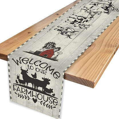 Farmhouse Cow Table Runner, Rustic Rooster Sheep Black White Plaid Animals Farm Coffee Table Center Decor for Home Kitchen Dining Patio Holiday Party Indoor Outdoor Table Decorations, 13"x72"