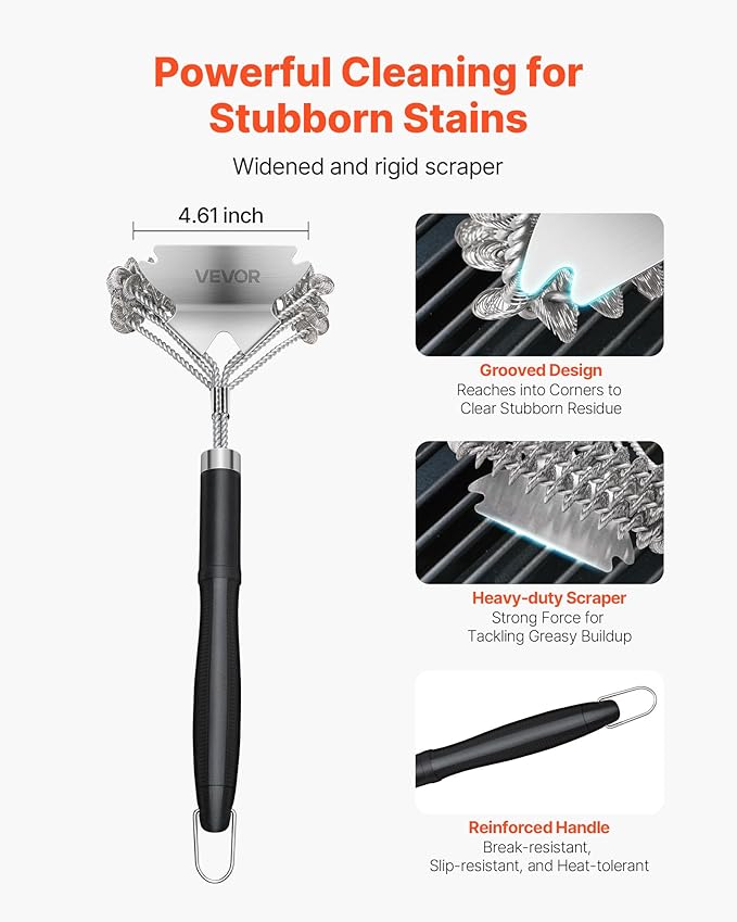 VEVOR Grill Brush and Scraper, BBQ Brush for Outdoor Grills, Stainless Steel Woven Wire, Bristle Free Barbecue Brushes for Porcelain, Charcoal, Grate Cleaner Grill Accessories, 17 in