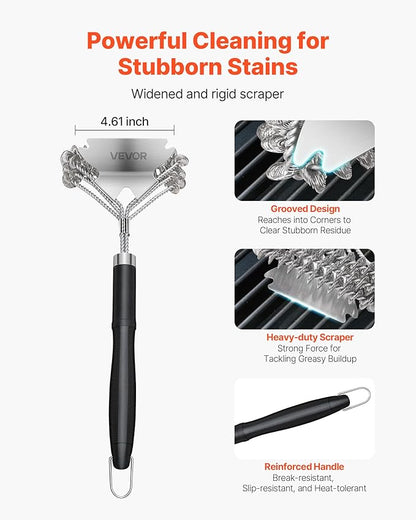 VEVOR Grill Brush and Scraper, BBQ Brush for Outdoor Grills, Stainless Steel Woven Wire, Bristle Free Barbecue Brushes for Porcelain, Charcoal, Grate Cleaner Grill Accessories, 17 in