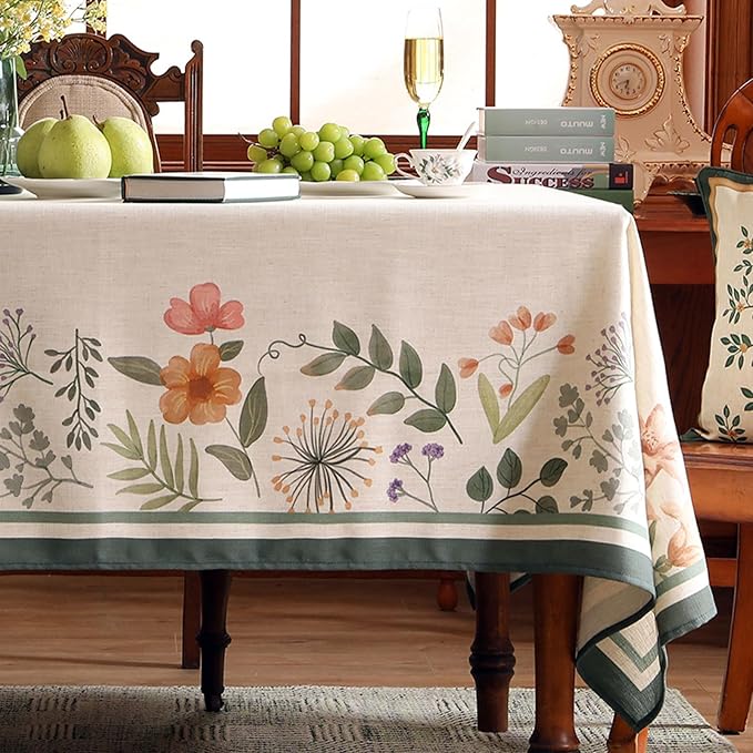 Beige Linen Rectangle Tablecloth,Vintage French Shabby Chic Floral Wrinkle Free Table Cloth,Decor Table Cover for Kitchen,Dining,Party,Home,Christmas,Thanksgiving,55"*79"-Manolya