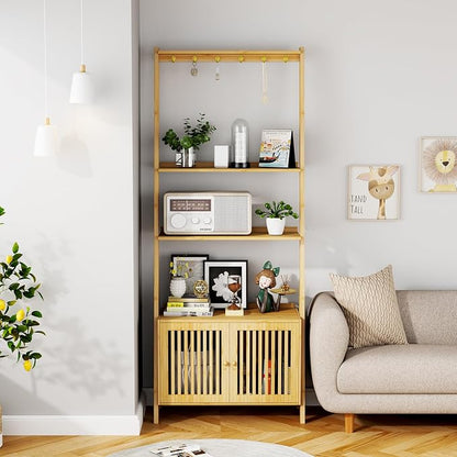 Bookcase with Drawers, 4-Tier Bamboo Bookshelf Ladder Shelf with 6 Hooks - Image 5