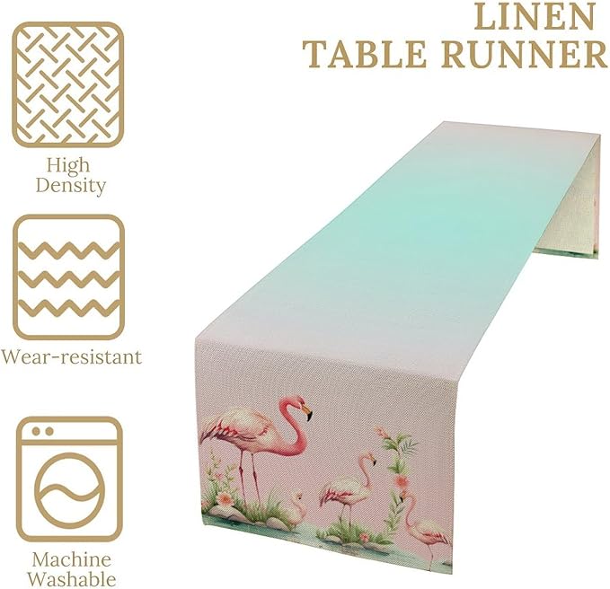 Flamingo Table Runner,Teal Pink Flamingo Family with Flowers Grass Watercolor Style Table Center Decor for Family Kitchen and Living Room Outdoor Farmhouse Party Table Decorations, 13"x72"