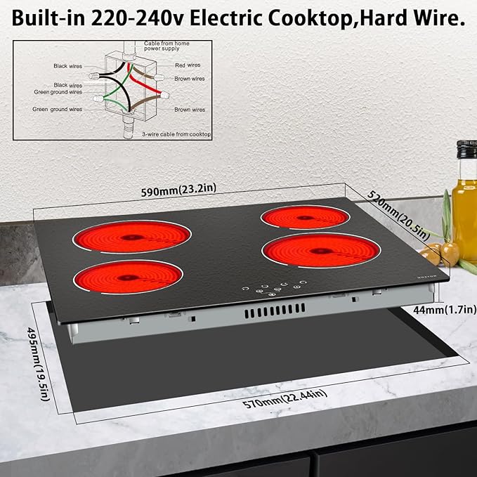 Noxton 24 Inch Electric Cooktop 4 Burners Electric Stove, Built-in Ceramic Cooktop with Touch Control Child Lock Timer Easy To Clean with Hard Wire 6000W 240V