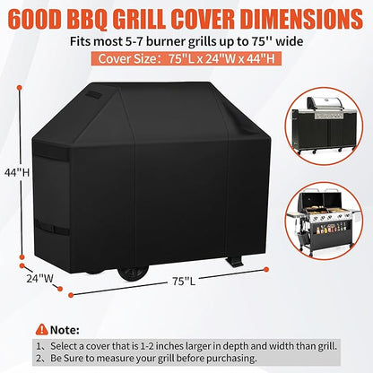 iCOVER Grill Cover 75 inch, BBQ Grill Cover for Outdoor Grill, 600D Heavy Duty Waterproof BBQ Cover, Anti-UV and Rip-Proof Barbecue Cover, Gas Grill Cover for Weber, Char-Broil, Nexgrill, etc
