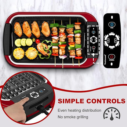 Indoor Smokeless Grill, Techwood 1500W Electric Indoor Grill with Tempered Glass Lid, Portable Non-stick Korean BBQ, Turbo Smoke Extractor Technology, Drip Tray& Double Removable Plate, Red