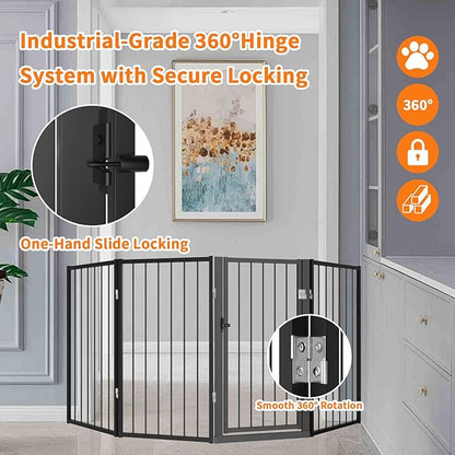 Metal Freestanding Dog Gate, Foldable Extra Wide 79", 32" Tall Large Opening Pet Gate for Indoor & Outdoor, Portable Dog Fence for Stairs, Doorways (Black, 4 Panels)