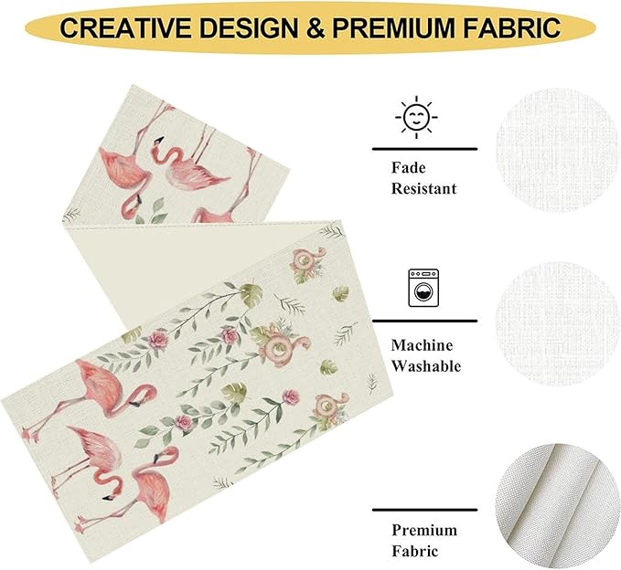 Flamingo Table Runner,Rustic Boho Grey Leaf Pink Rose Floral Tropical Bird Pattern Table Center Decor for Family Kitchen and Living Room Outdoor Farmhouse Party Table Decorations, 13"x72"