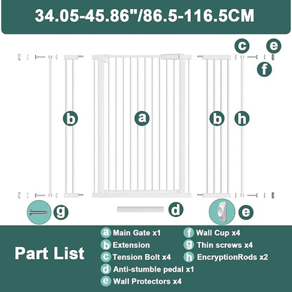 40.55" Tall 1.37" Ultra Narrow Spacing Dogs Pets Baby Gate for Doorway Hallway Safety Proof Indoor 34.05-45.86" Extra Wide Puppy Pressure Mounted No Drill Walk Through White Metal