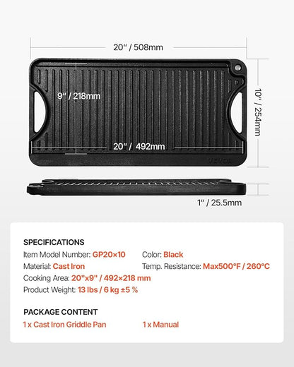 VEVOR Reversible Grill/Griddle, 20x10 inch Pre-Seasoned Cast Iron Griddle, Portable Rectangular Pan with Handle, Family Cookware for Indoor/Outdoor Stove Top Burner, Gas, Camping BBQ, Black