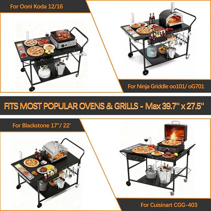 Pizza Oven Table with Topping Station, Outdoor Pizza Oven Cart, Grill Cart Table for Blackstone Griddle, Pizza Prep Station with Storage & Seasoning Tray, for Ninja, Cuisinart, Gozney