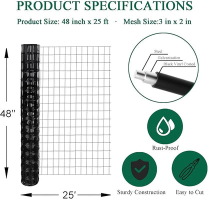 Black PVC Coated Welded Wire Fence 48 Inch x 25 Foot, 2 Inch x 3 Inch 16GA, Garden Border Fencing Roll Vinyl Coating Metal Wire Mesh for Yard Vegetable Plant Protection Poultry Netting