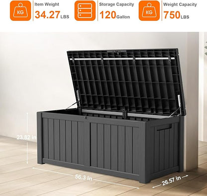 120 GallonOutdoor Storage Box,Resin Deck Boxes Waterproof, IndoorOutdoor Bin for Package Delivery, Patio Cushions, Gardening Tools, Lockable, UV Resistant