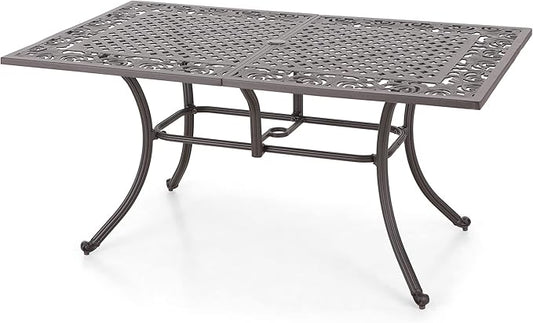 PHI VILLA Cast Aluminum Rectangular Patio Dining Tables for 6 Person, 64" x 37" Engraved Cast-Top Aluminum Table with 2.3" Umbrella Hole, Lawn Garden Tables for All Weather