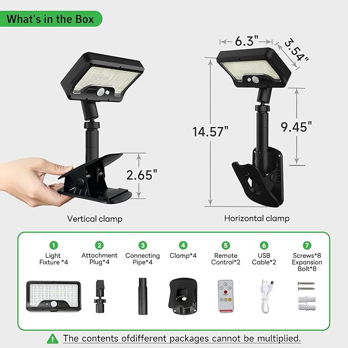 Solar Motion Light Outdoor, 3CCT Clip On Fixture, 600LM 1500mAH Type-C USB & Solar Powered, IP65 Waterproof with Remote for Porch, Tree, Wall, Black [4-Pack]