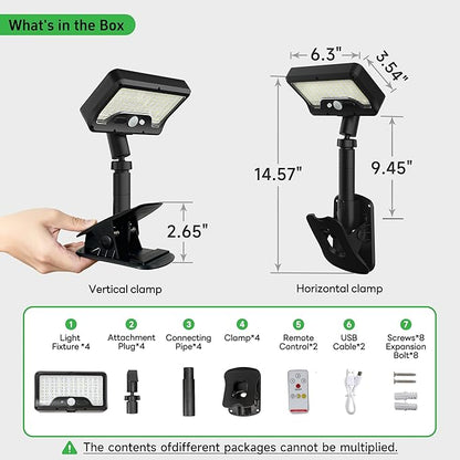Solar Motion Light Outdoor, 3CCT Clip On Fixture, 600LM 1500mAH Type-C USB & Solar Powered, IP65 Waterproof with Remote for Porch, Tree, Wall, Black [4-Pack]