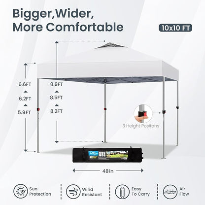 PHI VILLA 10x10 Pop Up Canopy Tent Easy Outdoor Sun Shade for Events Party Tent, 100 Sq. Ft of Shade, White