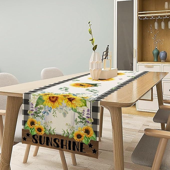 Sunflower Table Runner, Buffalo Floral Seasons Spring Summer Fall Table Runner for Kitchen Dining Farmhouse Home Party Outdoor 13x120in