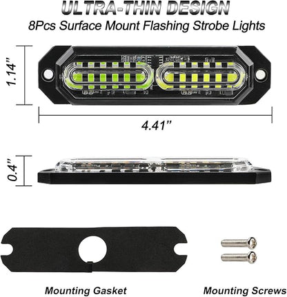 ASPL 8pcs Sync Feature Ultra Slim 12-LED Surface Mount Flashing Strobe Lights for Truck Car Vehicle LED Mini Grille Light Head Emergency Beacon Hazard Warning Lights (Green/White)
