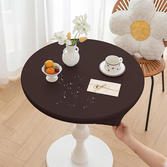 Round Fitted PU Tablecloth with High Elastic Edge 63 Inch Dia Waterproof Oil Proof Table Cloth Anti-Scald Stain-Resistant Wipeable Table Cover for Indoor Outdoor Picnic (Coffee,63" Dia)