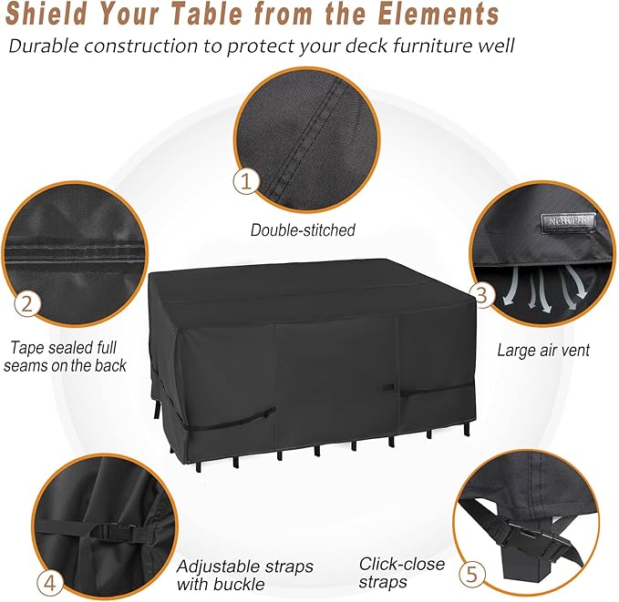 NettyPro Patio Table Cover Rectangular 78 x 52 Inch, Waterproof Outdoor Furniture Set Covers for Dining Table and Chair Rectangle, Black