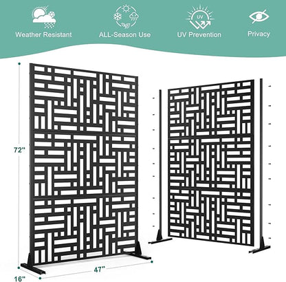 Metal Privacy Screen for Outdoor & Indoor Use, Free Standing Privacy Screen for Patio Garden Pool, 72" H x 47" W Decoative Privacy Panels, Weather Resistant, Easy Assembly (Black Street Floral)