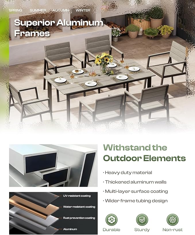 Patio Table and Chairs Set, 7 Piece Outdoor Dining Set with Umbrella Hole, HDPS + Aluminum Patio Furniture Set for Garden (Gray)