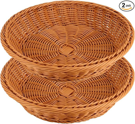 RT&BS 2pcs Round Wicker Bread Basket, Christmas Food Baskets, Eco-Friendly Sturdy Stackable Fruit Basket for Kitchen, Store, Restaurant, Party (Brown, L)