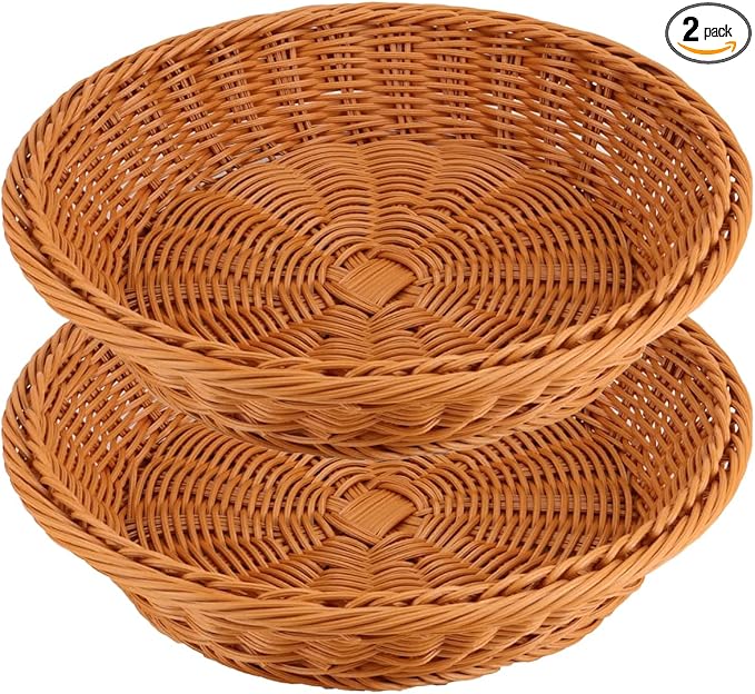RT&BS 2pcs Round Wicker Bread Basket, Christmas Food Baskets, Eco-Friendly Sturdy Stackable Fruit Basket for Kitchen, Store, Restaurant, Party (Brown, S)