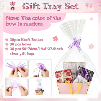 Tuanse 30 Pcs Basket for Gift Empty DIY Bulk Gift Basket Kit with Handle Kraft Cardboard Tray with 30 Bag 30 Bow Market Tray for Wedding Party(Pink,9.8 x 6.7 x 4.3 in)