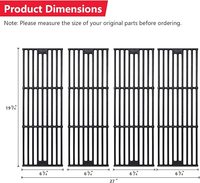 Cooking Grates Replacement Parts for Chargriller Gas Grill 2121,2123, 2222, 2828, 3001, 3030, 3725, 4000, 5050, 5252, 5650,9020,King Griller 3008, 5252,19 3/4" x 6 3/4" Each, 4 Pack