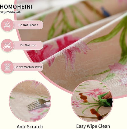 Rectangle Picnic Table Cloth, Elastic Waterproof Fitted Vinyl Tablecloths for 6 Foot Tables, Wipeable Flannel Backed Table Covers for Dining, Camping, Outdoor(Pink Flower,30"x72")