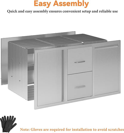 Jocisland Outdoor Kitchen Drawers 41.5" W×23" D×23" H Stainless Steel Drawers for Outdoor Kitchens, Double Drawer & Door Trash Drawer & 3-Tier Cabinet, Built-in BBQ Island Storage