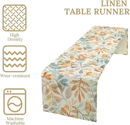 Fall Eucalyptus Leaf Table Runner, Autumn Orange Blue Leaves Harvest Thanksgiving Table Runner for Holiday Dining Room Kitchen Table Party Decoration, 13x120inch