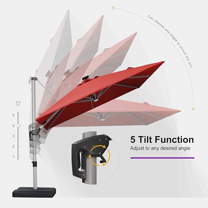 PURPLE LEAF Cantilever Patio Umbrella 9' X 9' Solar LED Light, Brick Red | - Image 7