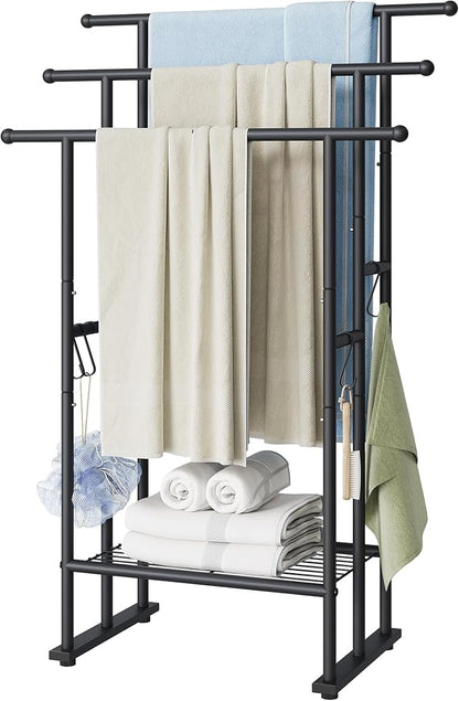 ELYKEN 3 Tier Standing Towel Rack, 40'' Tall Towel Drying Rack Outdoor, Freestanding Floor Towel Rack with Shelf, Pool Towel Blanket Stand, Metal Towel Racks for Bathroom freestanding, Matte Black