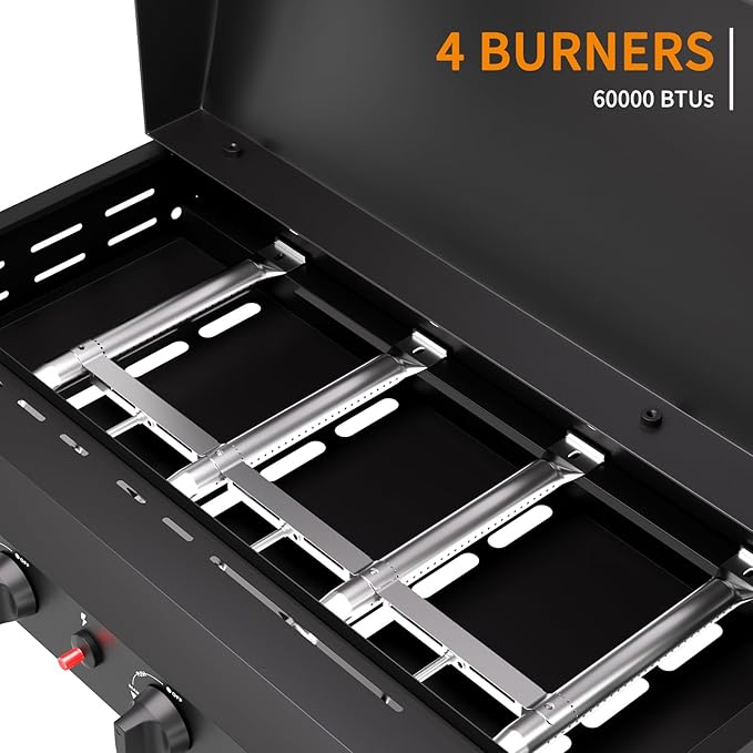 4 Burner BBQ Gas Griddle with Hood, 30 Inch Stainless Steel Portable Detachable Propane Griddle, 60,000 BTU Flat Top Grill with Side Shelves for Camping, Black