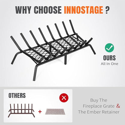 INNO STAGE Fireplace Grates with Ember Retainer - 27 Inch Fireplace Log Grate, Firewood Wood Log Holder Rack, Inside Wrought Cast Iron Fire Grate for Hearth Indoor Outdoor Camping