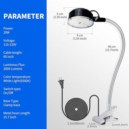 Clamp Light, LED Work Light with Flexible & Strong Clip for Workshop, Sewing, Lathe, Bandsaw, Workbench, Desk, Bright Small Area Task Lighting, 2000 Lumens, Silver