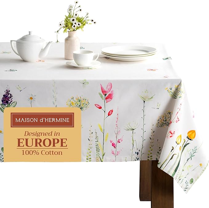 Maison d' Hermine Table Cloth Rectangle Table 100% Cotton 70 x 140 Inches Tablecloth Reusable Decorative for Dining Room, Farmhouse, Home, Party, Festive & Wedding Spring Summer - Botanical Fresh