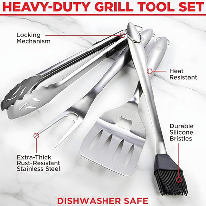 Alpha Grillers Grilling Accessories - Grilling Gifts for Men - BBQ Accessories Grill Tools Set with Spatula, Fork, Brush & Tongs - Outdoor Barbecue Utensils Gifts for Men Dad Him Boyfriend